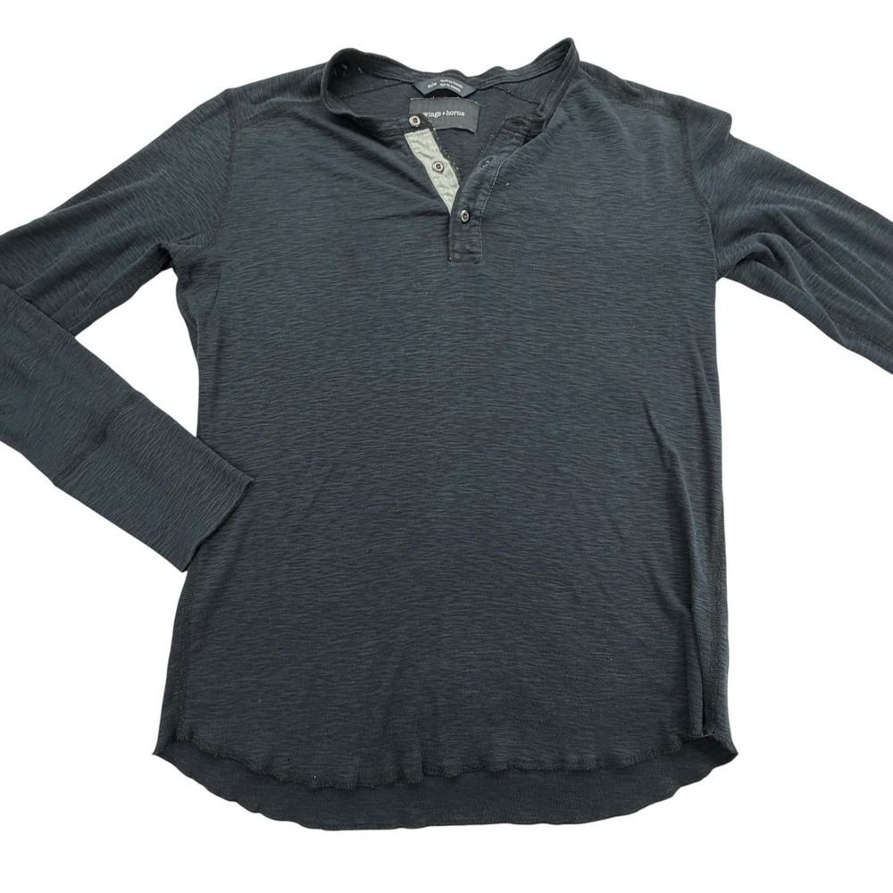 Wings+Horns Henley Shirt Mens Medium Black Long Sleeve 100% Cotton Made Canada